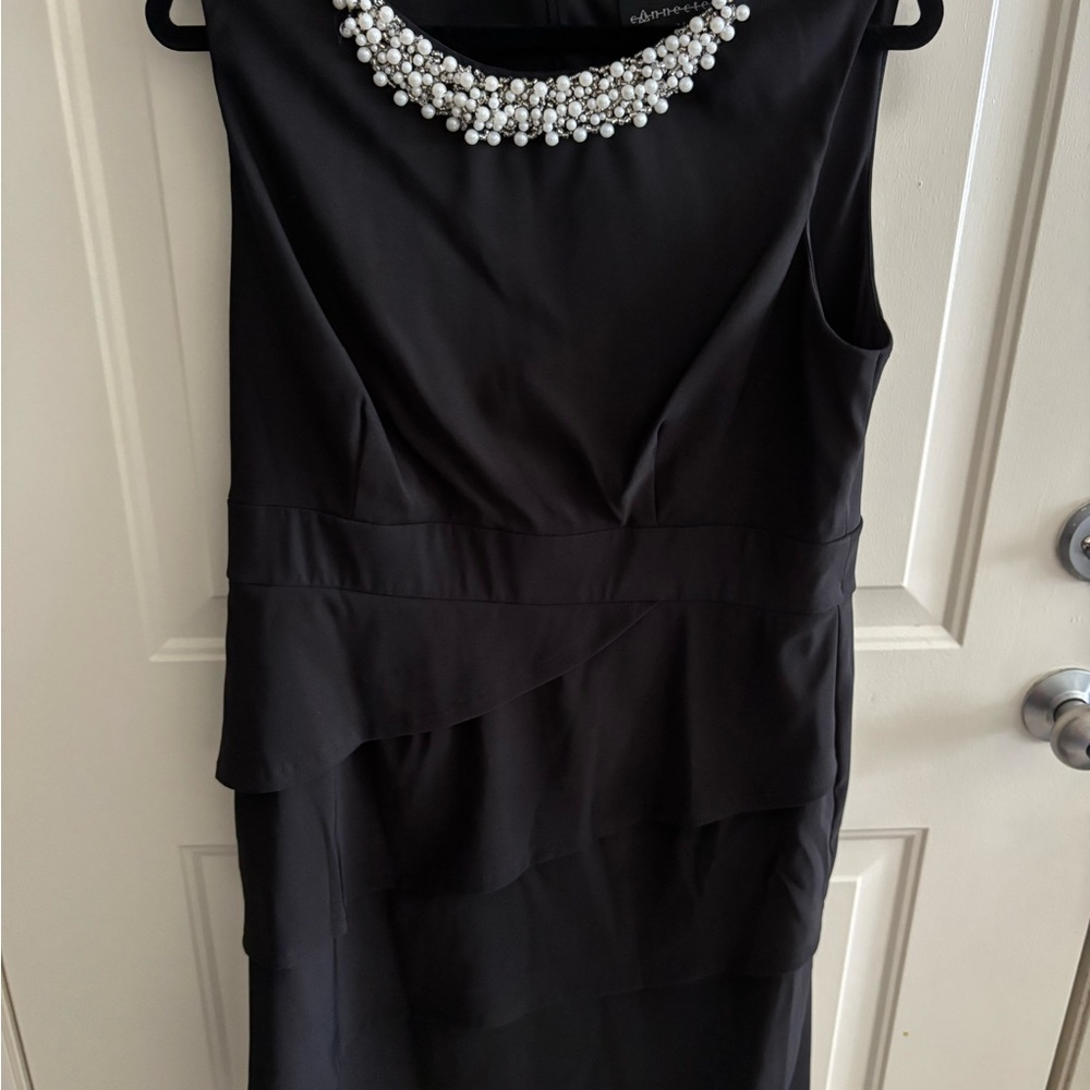 Connected Apparel Black Sheath Midi Dress with Embellished Crew Neck